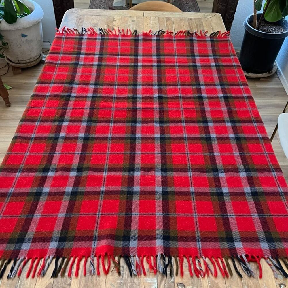 Vintage Red Tartan Plaid Fringed Wool Throw Blanket 49 x 55 in